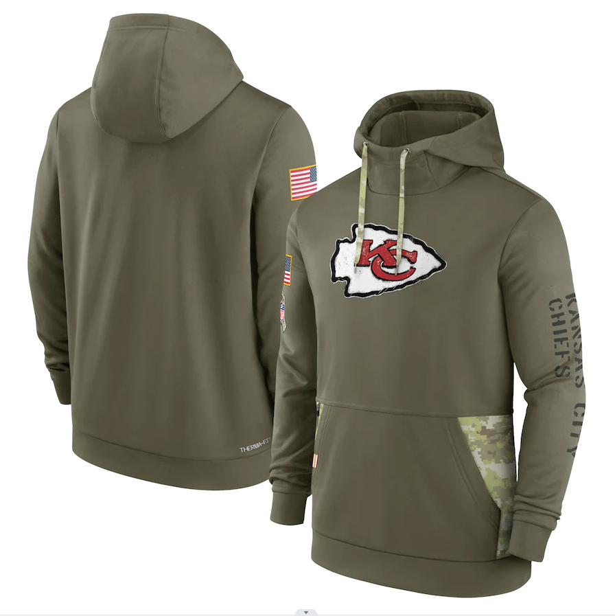 Men's Kansas City Chiefs Olive 2022 Salute to Service Therma Performance Pullover Hoodie1 football jersey product view 1