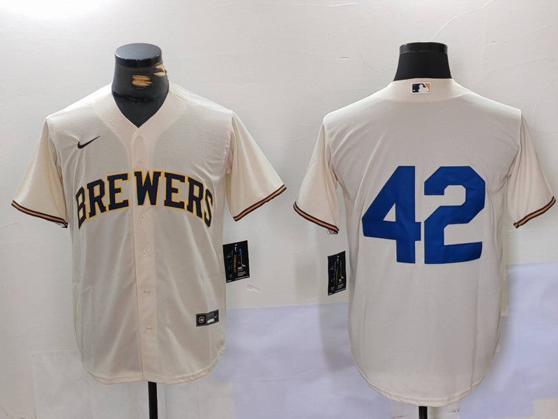 Men's Milwaukee Brewers #42 Cream 2024 Jackie Robinson Day Home Limited Jersey1 baseball jersey product view 1