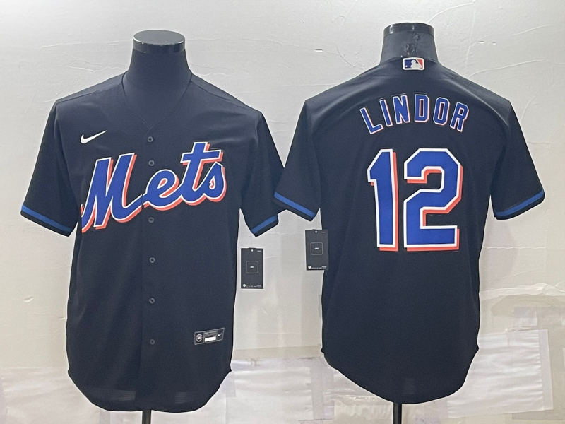 Men's New York Mets Francisco Lindor #12 Black Replica Baseball Jersey1 baseball jersey product view 1