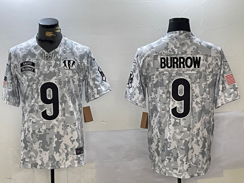 Men's Cincinnati Bengals Joe Burrow #9 Arctic Camo 2024 Salute to Service Limited Jersey1 football jersey product view 1