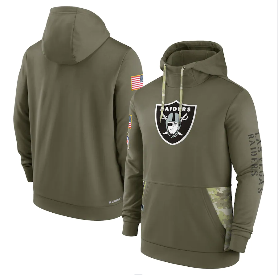Men's Las Vegas Raiders Olive 2022 Salute to Service Therma Performance Pullover Hoodie1 football jersey product view 1