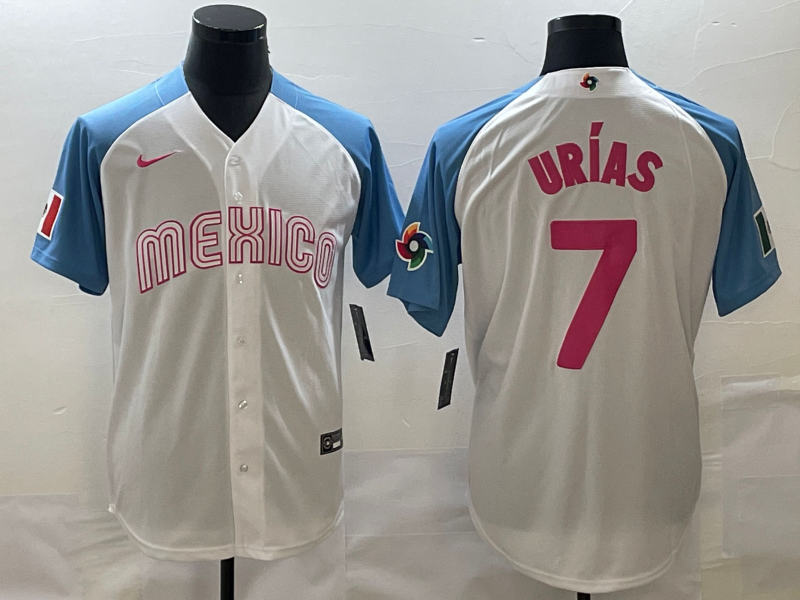 Men's 2023 World Baseball Classic #7 Julio Urias Mexico Jersey1 White baseball jersey product view 1
