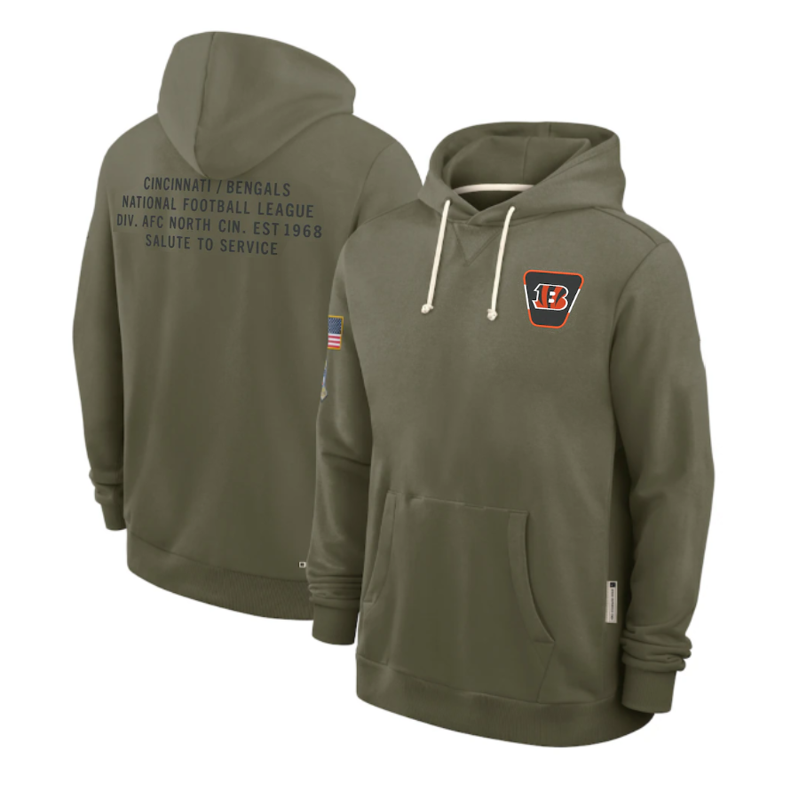 Men's Cincinnati Bengals Olive 2025 Salute to Service Sideline Standard Issue Dri-FIT Hoodie football jersey product view 1