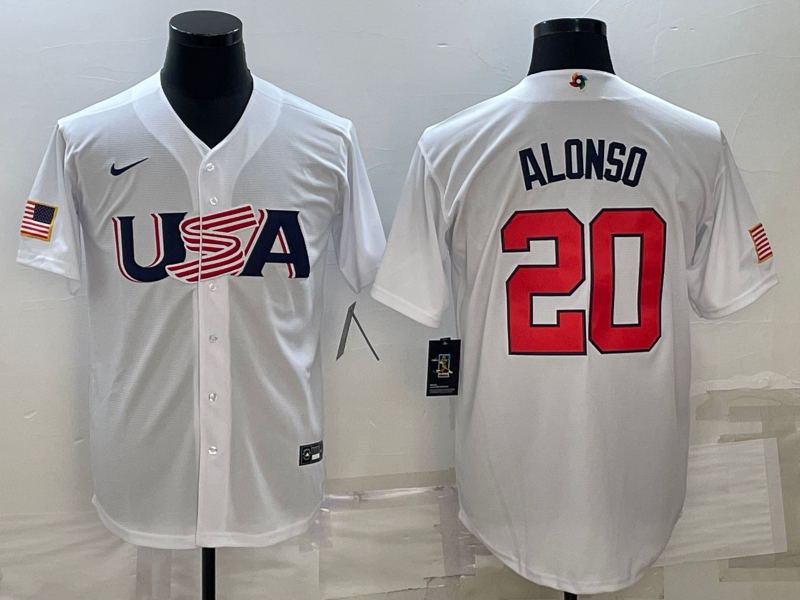 Men's 2023 World Baseball Classic #20 Pete Alonso USA White Jersey1 baseball jersey product view 1