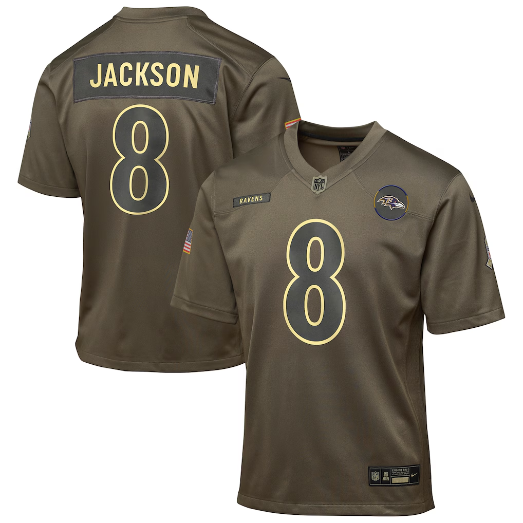 Youth Baltimore Ravens Lamar Jackson Nike Olive 2025 Salute to Service Game Jersey football jersey product view 1