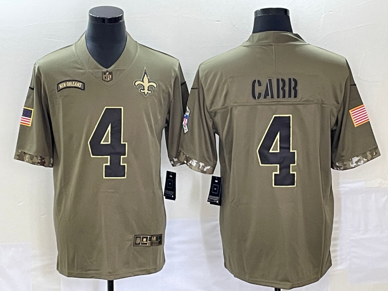 Men's New Orleans Saints Derek Carr #4 Olive 2022 Salute To Service Retired Player Limited Jersey1 football jersey product view 1