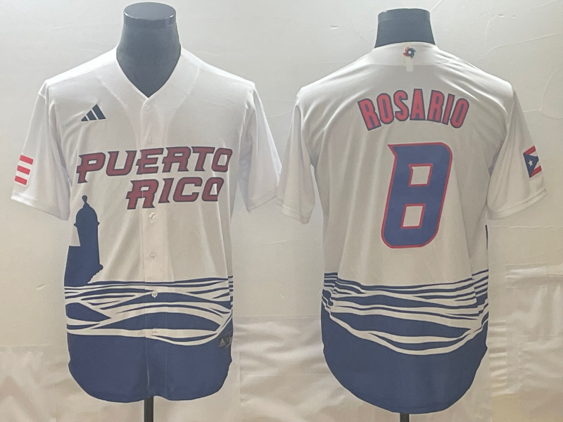 Men's 2023 World Baseball Classic #8 Eddie Rosario Puerto Rico White Jersey1 baseball jersey product view 1