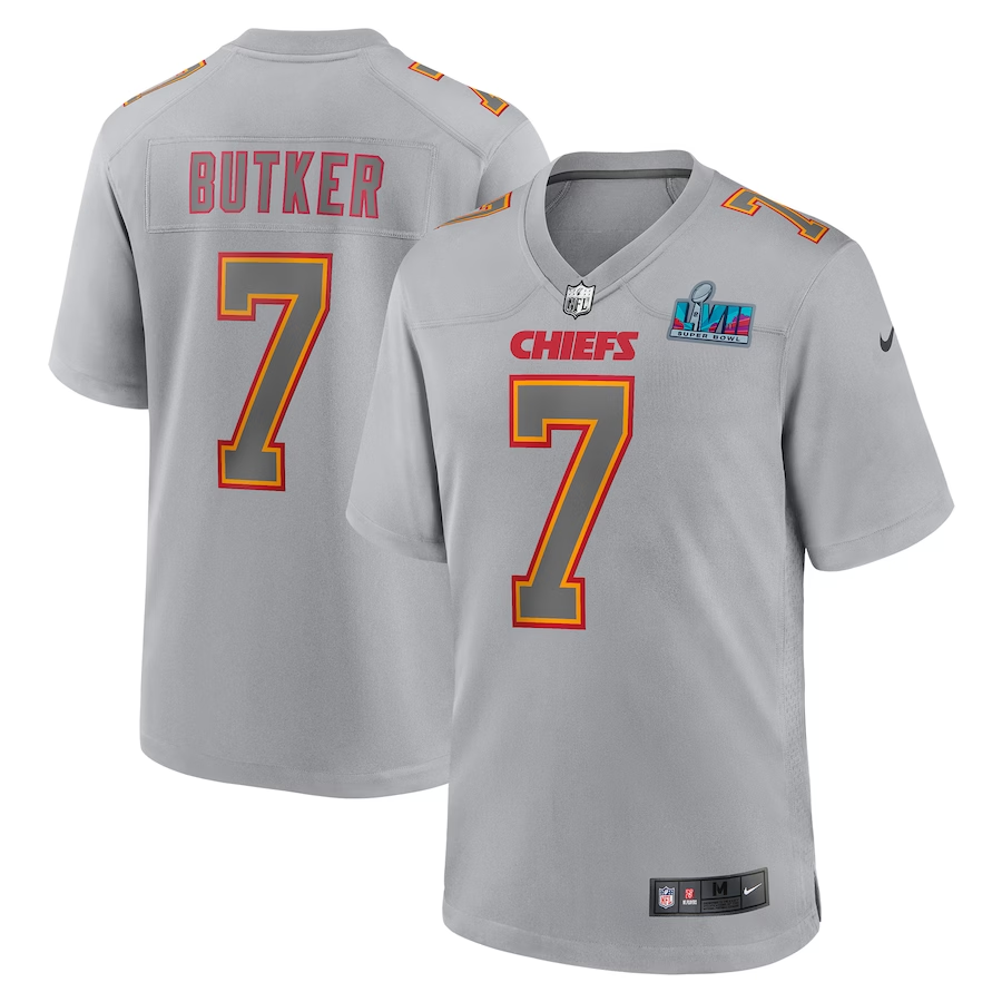 Men's Kansas City Chiefs Harrison Butker #7 Gray Super Bowl LVII Patch Atmosphere Fashion Game Jersey1 football jersey product view 1