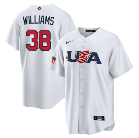 Men's 2023 World Baseball Classic #38 Devin Williams USA White Jersey1 baseball jersey product view 1