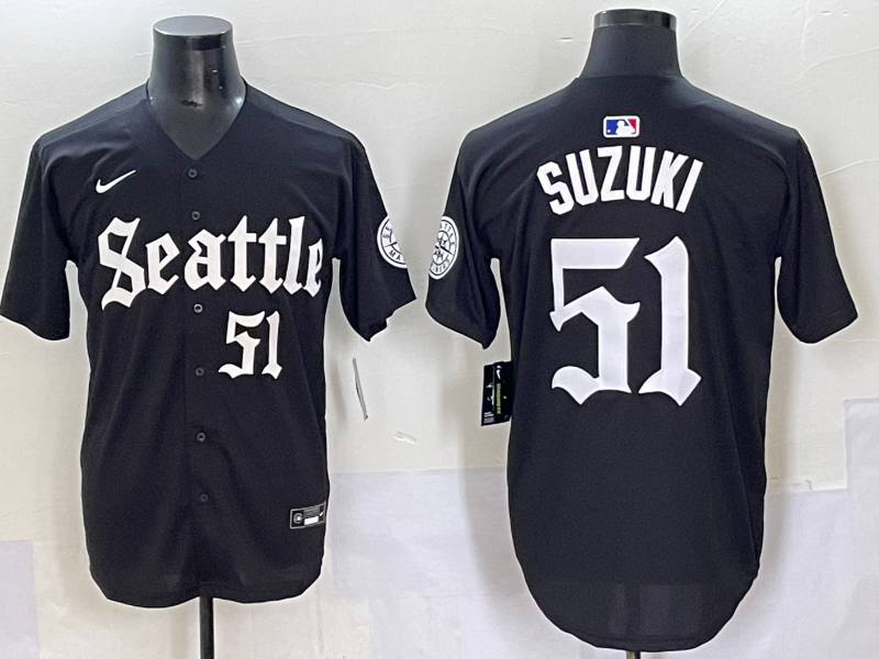 Men's Seattle Mariners Ichiro Suzuki #51 Black Replica Player Jersey baseball jersey product view 1