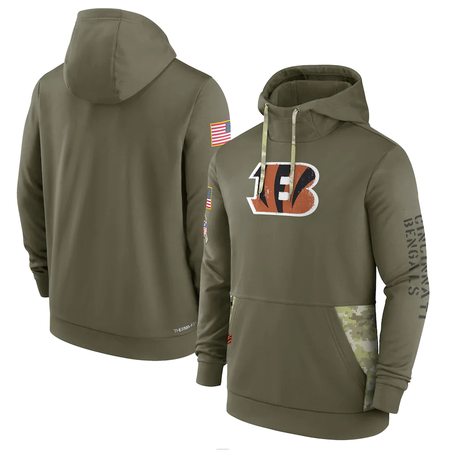 Men's Cincinnati Bengals Olive 2022 Salute to Service Therma Performance Pullover Hoodie1 football jersey product view 1