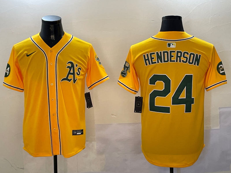 Men's Oakland Athletics Rickey Henderson #24 Yellow Game Player Jersey1 baseball jersey product view 1