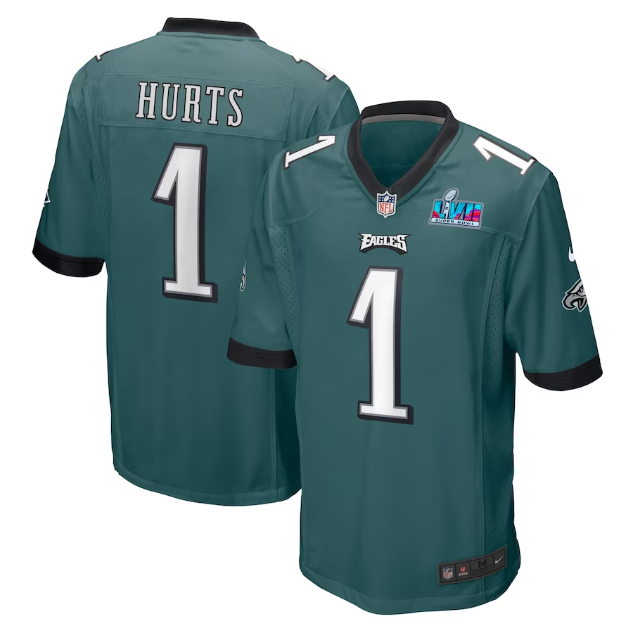 Men's Philadelphia Eagles Jalen Hurts #1 Midnight Green Super Bowl LVII Patch Game Jersey1 football jersey product view 1