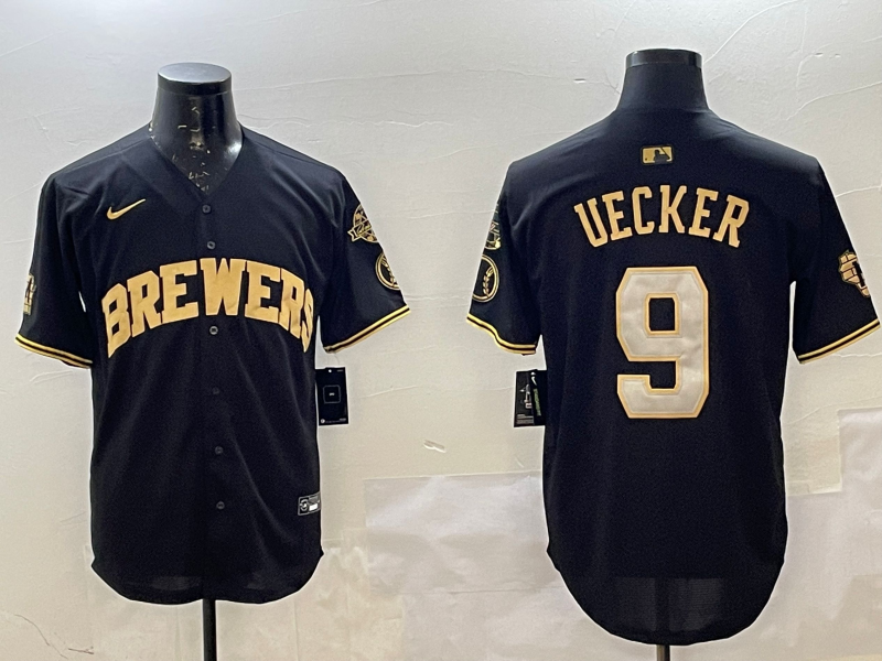 Men's Milwaukee Brewers Bob Uecker #9 Black Replica Player Jersey1 baseball jersey product view 1