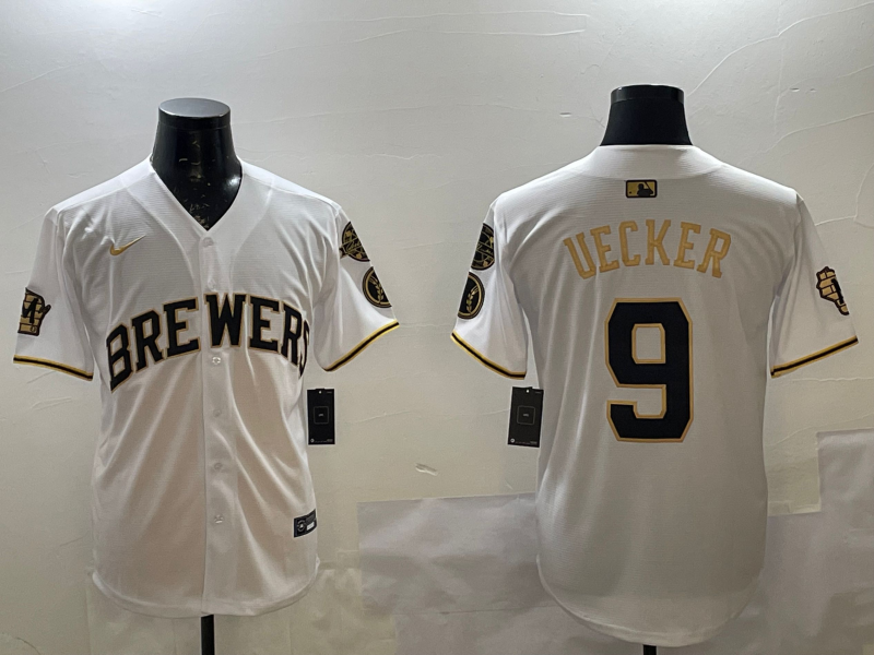 Men's Milwaukee Brewers Bob Uecker #9 White Replica Team Jersey1 baseball jersey product view 1