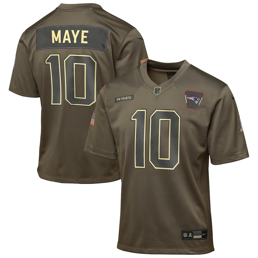 Youth New England Patriots Drake Maye Nike Olive 2025 Salute to Service Game Jersey football jersey product view 1