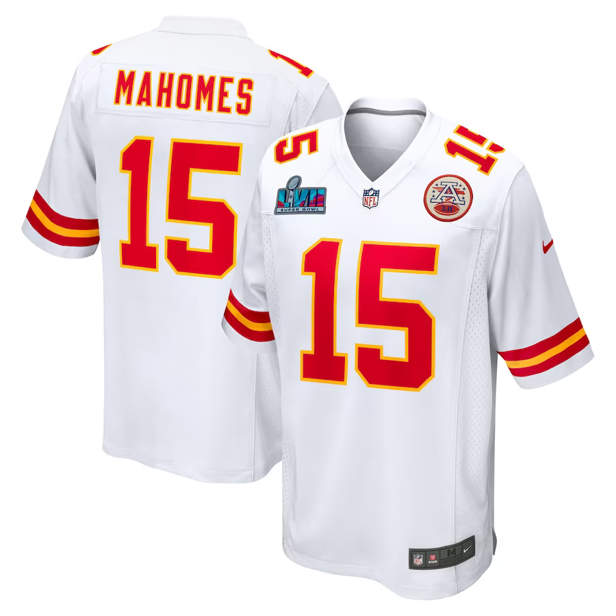 Men's Kansas City Chiefs Patrick Mahomes #15 White Super Bowl LVII Patch Away Game Jersey1 football jersey product view 1