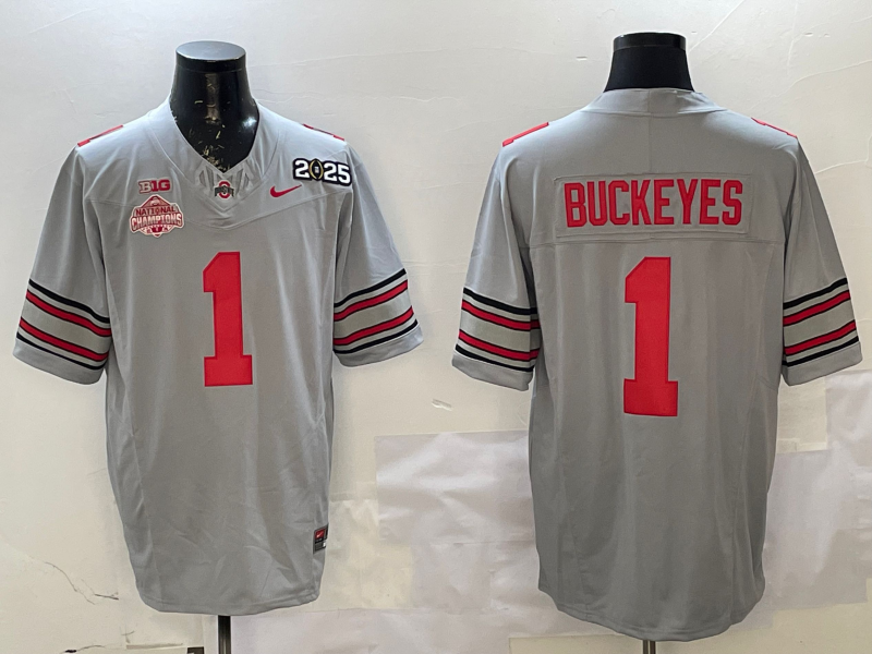 Men's Ohio State Buckeyes Quinshon Judkins Gray 2025 CFP Final National Champions Patch F.U.S.E. Jersey sports jersey product view 1