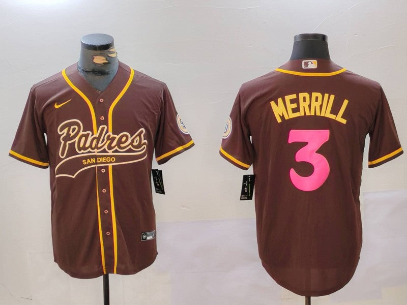Men's San Diego Padres Jackson Merrill #3 Brown Player Jersey baseball jersey product view 1