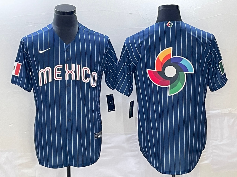 Men's 2023 World Baseball Classic Mexico Navy Alternate Game Jersey1 baseball jersey product view 1