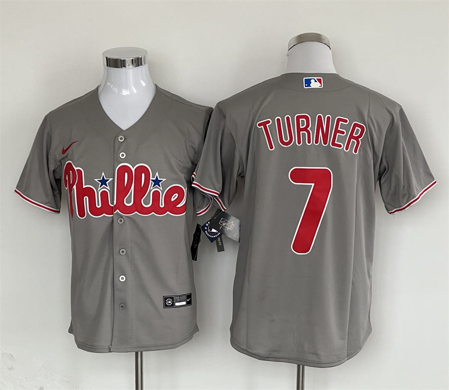 Men's Philadelphia Phillies Trea Turner #7 Gray Replica Player Jersey1 baseball jersey product view 1
