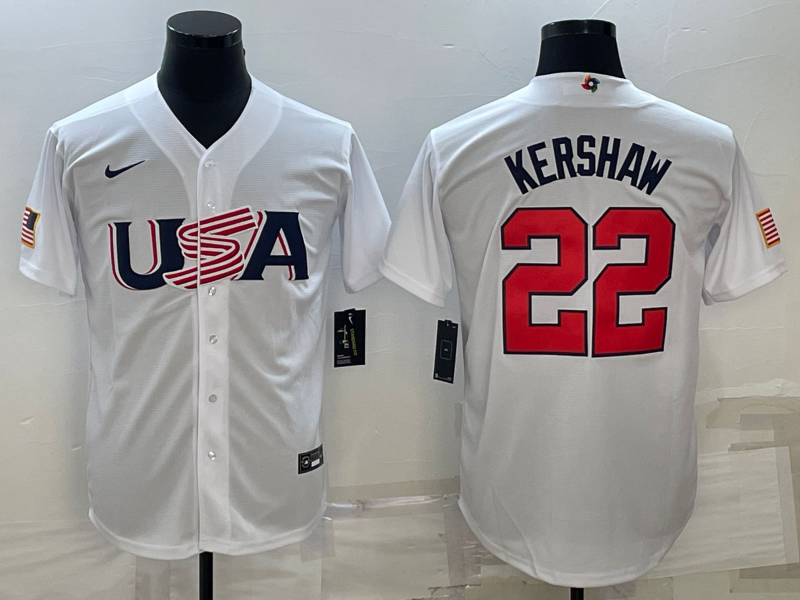 Men's 2023 World Baseball Classic #22 Clayton Kershaw USA White Jersey1 baseball jersey product view 1