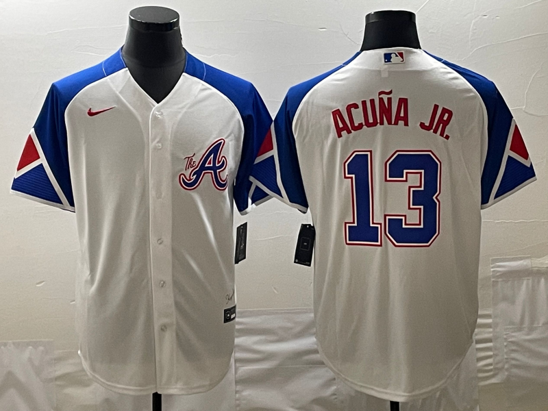 Men's Atlanta Braves Ronald Acuna Jr. #13 White 2023 City Connect Replica Player Jersey1 baseball jersey product view 1