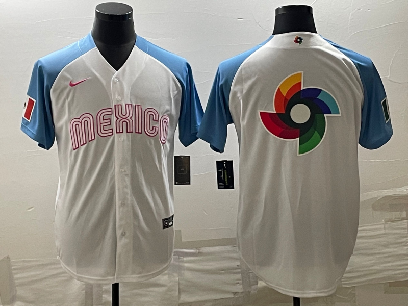 Men's 2023 World Baseball Classic Mexico White/Blue Jersey1 baseball jersey product view 1