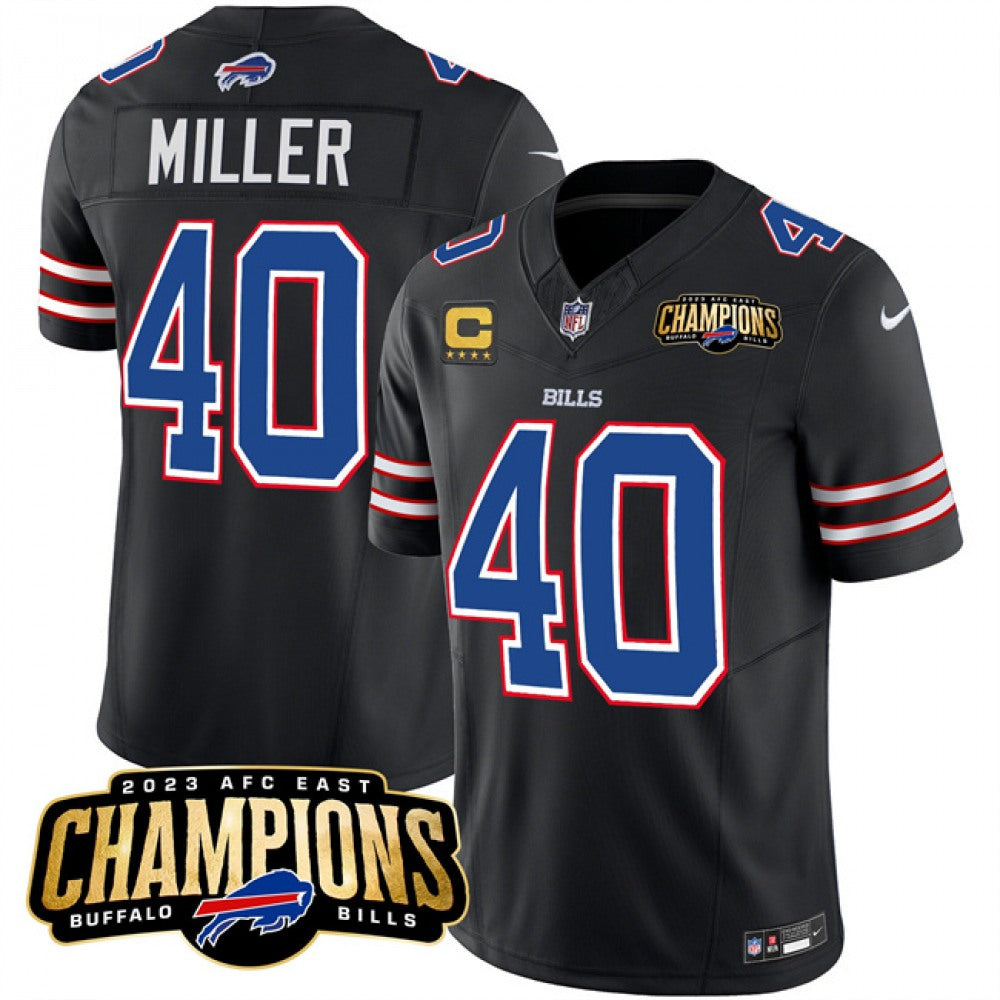 Men's Buffalo Bills #40 Von Miller Black 2023 F.U.S.E. AFC East Champions With 4-star C Ptach Stitched Football Jersey football jersey product view 1