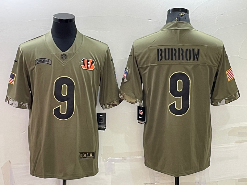 Men's Cincinnati Bengals Joe Burrow #9 Olive 2022 Salute To Service Limited Jersey1 football jersey product view 1