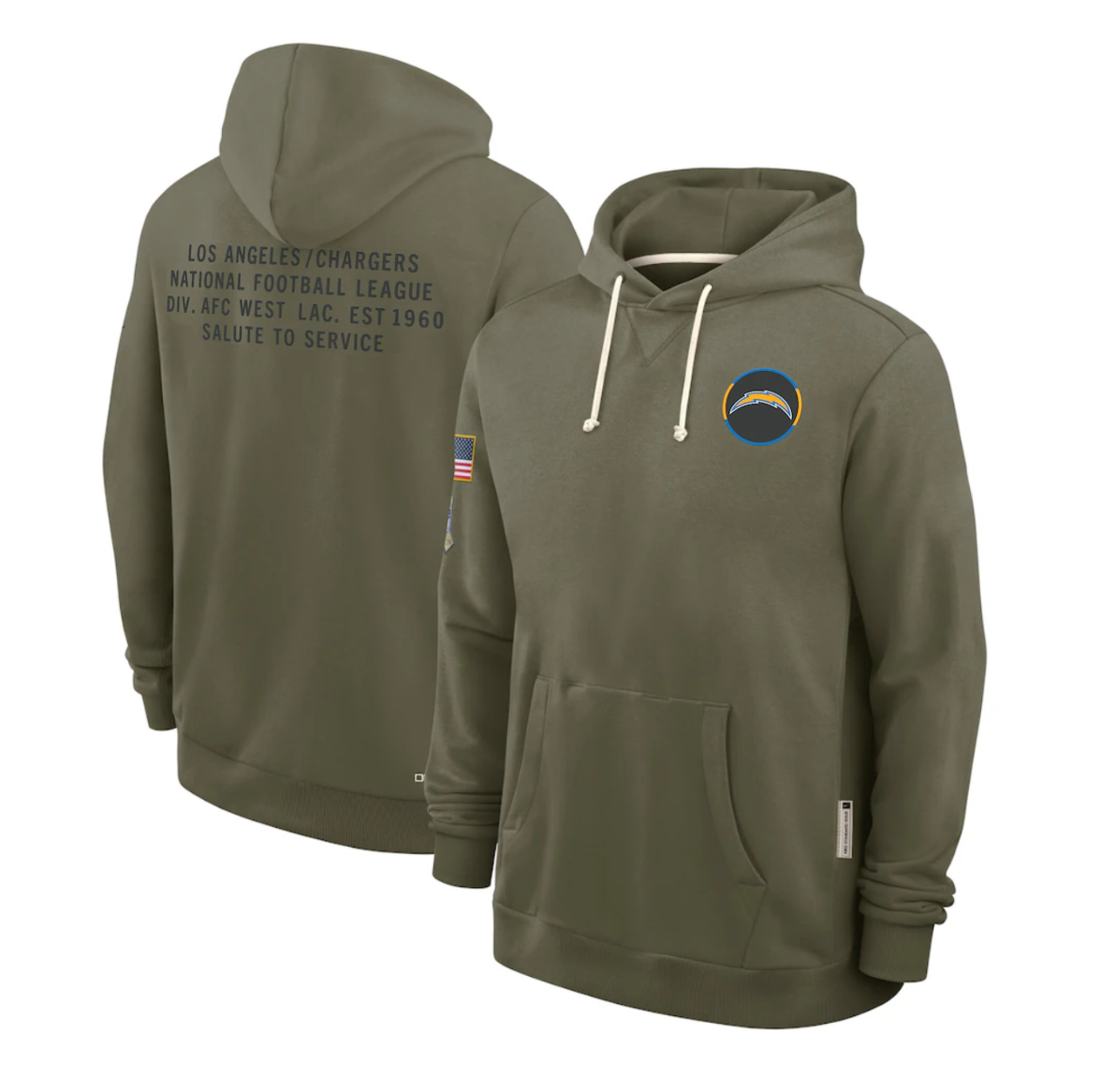 Men's Los Angeles Chargers Olive 2025 Salute to Service Sideline Standard Issue Dri-FIT Hoodie football jersey product view 1