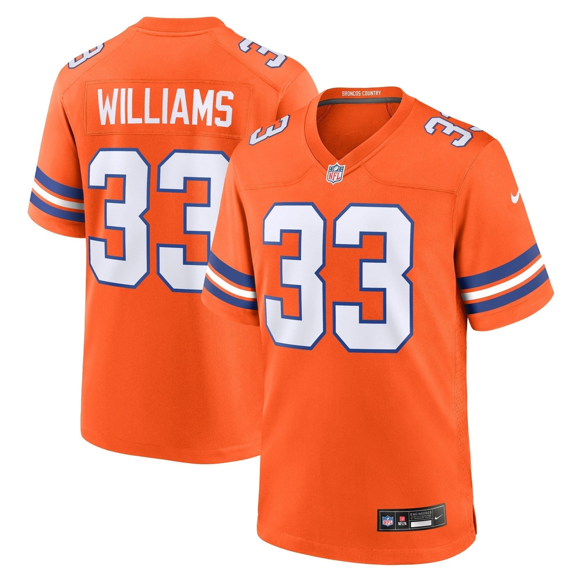 Javonte Williams Denver Broncos Nike Mile High Collection 1977 Throwback Game Jersey - Orange football jersey product view 1