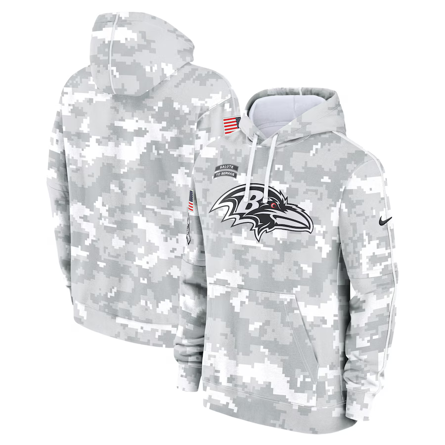 Men's Baltimore Ravens Arctic Camo 2024 Salute to Service Club Fleece Pullover Hoodie1 football jersey product view 1