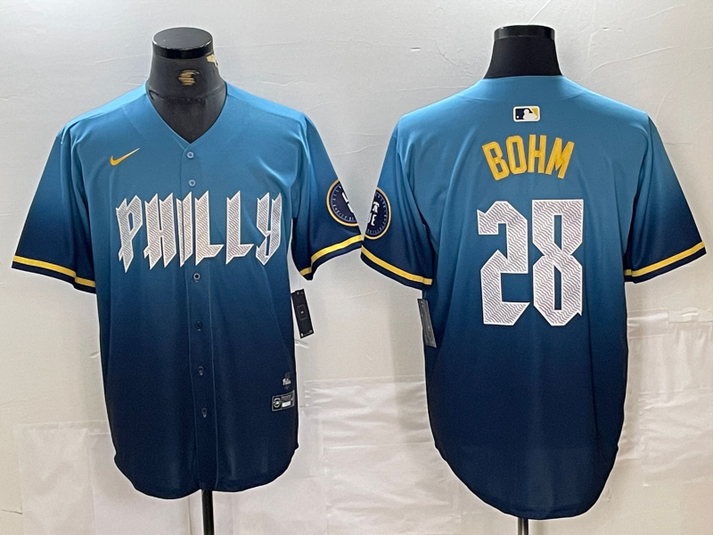 Men's Philadelphia Phillies Alec Bohm #28 Blue 2024 City Connect Limited Player Jersey1 baseball jersey product view 1