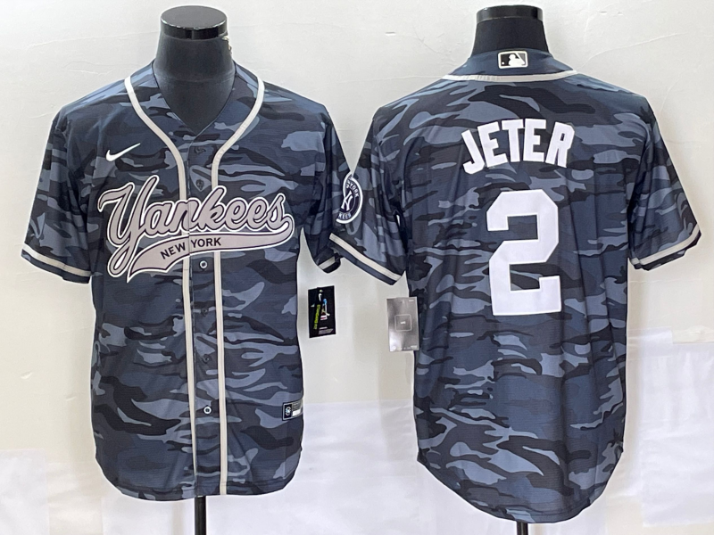Men's New York Yankees Derek Jeter #2 Grey Camouflage Player Jersey1 Joint Edition baseball jersey product view 1