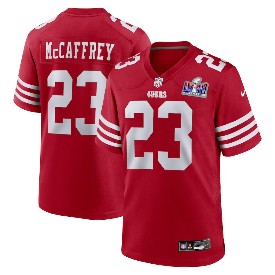 Men's San Francisco 49ers Christian McCaffrey #23 Scarlet Super Bowl LVIII Game Jersey1 football jersey product view 1