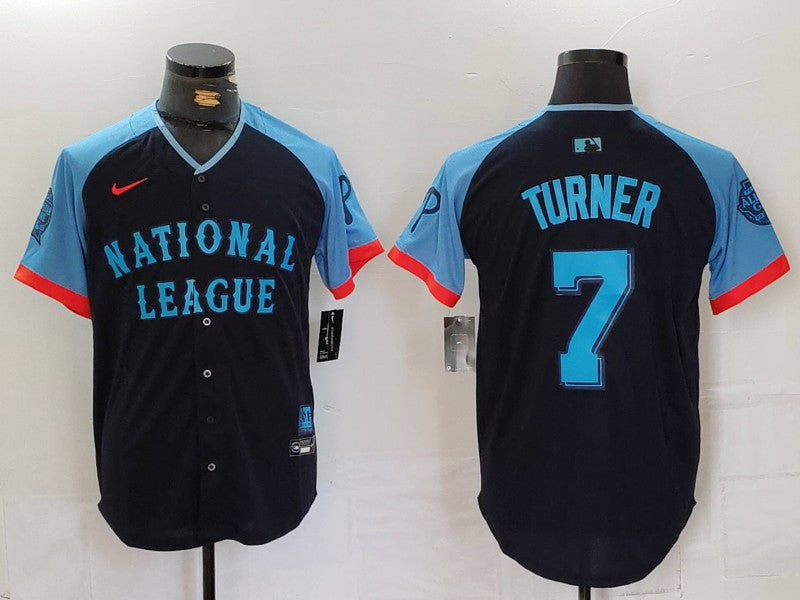 Men's National League Trea Turner #7 Navy 2024 MLB All-Star Game Limited Player Jersey1 baseball jersey product view 1