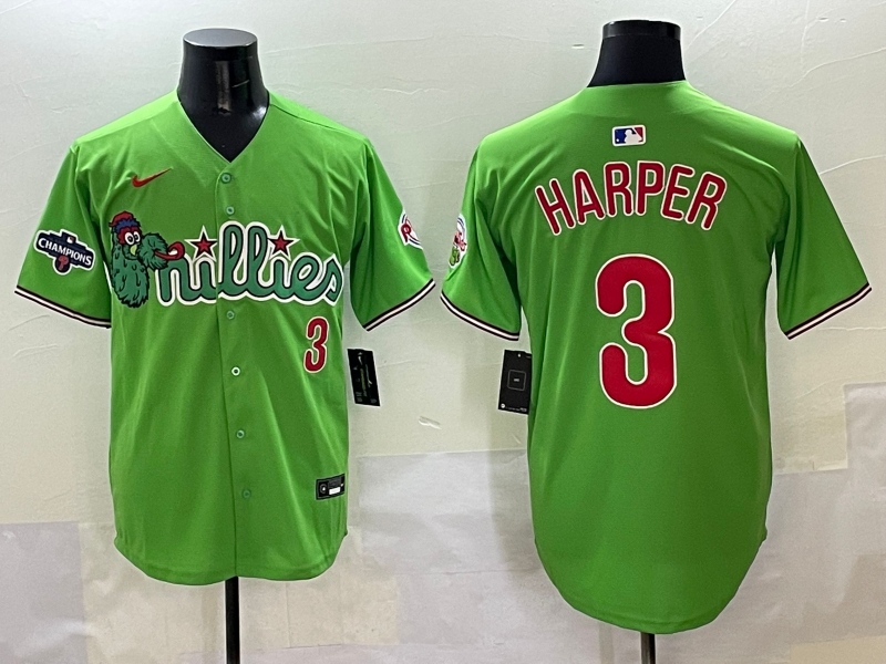 Men's Philadelphia Phillies Bryce Harper #3 Green Player Game Jersey1 baseball jersey product view 1