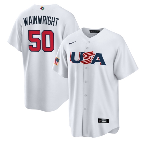 Men's 2023 World Baseball Classic #50 Adam Wainwright USA White Jersey1 baseball jersey product view 1