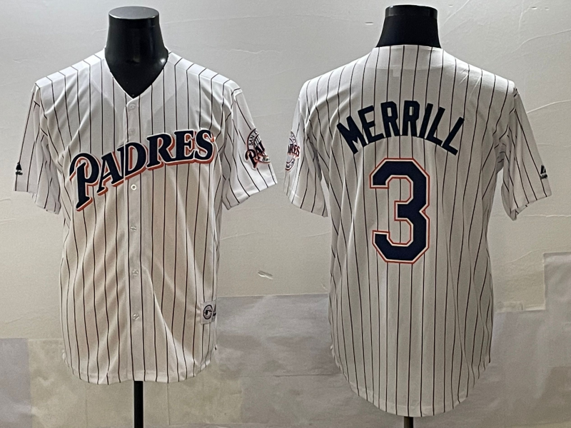 Men's San Diego Padres Jackson Merrill #3 White Game Player Jersey baseball jersey product view 1