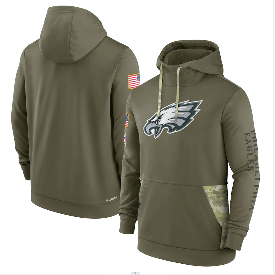 Men's Philadelphia Eagles Olive 2022 Salute to Service Therma Performance Pullover Hoodie1 football jersey product view 1