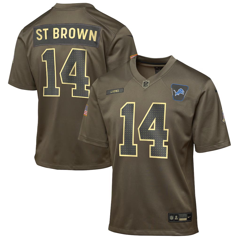 Youth Detroit Lions Amon-Ra St. Brown Nike Olive 2025 Salute to Service Game Jersey football jersey product view 1