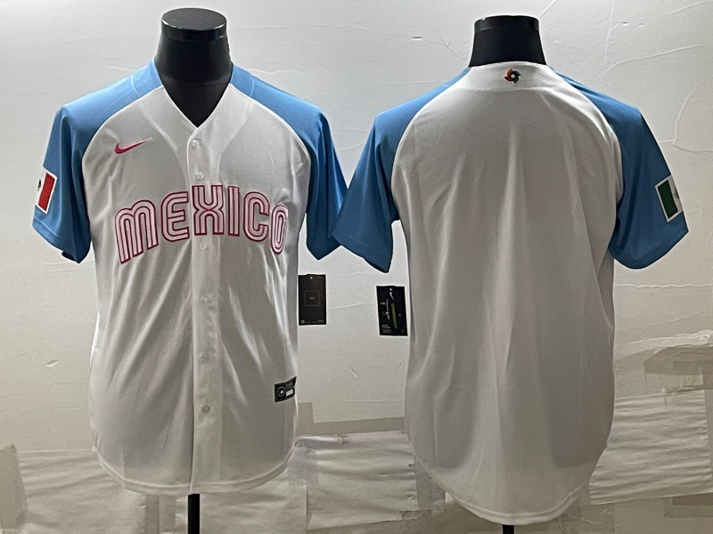 Men's 2023 World Baseball Classic Mexico White/Blue Blank Jersey1 baseball jersey product view 1