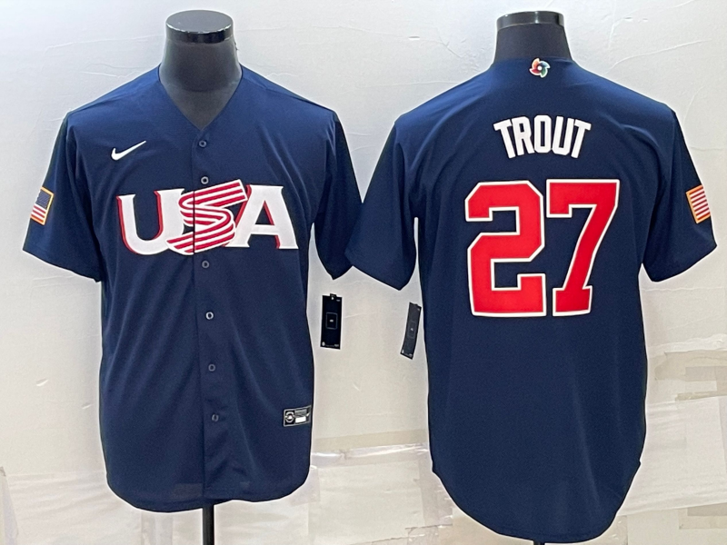 Men's 2023 World Baseball Classic #27 Mike Trout USA Navy Jersey1 baseball jersey product view 1