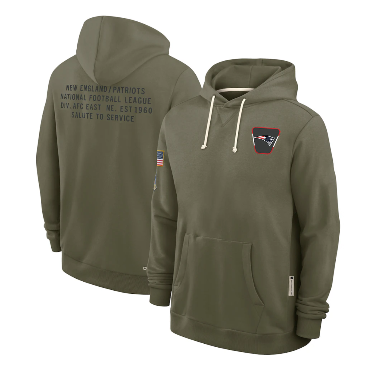 Men's New England Patriots Olive 2025 Salute to Service Sideline Standard Issue Dri-FIT Hoodie football jersey product view 1