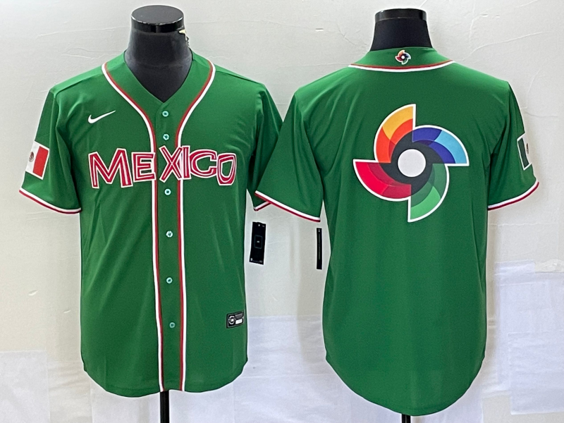 Men's 2023 World Baseball Classic Mexico Green Player Jersey1 baseball jersey product view 1