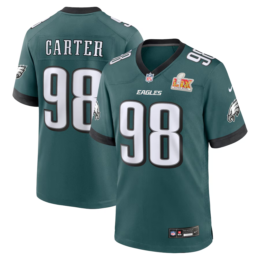 Men's Philadelphia Eagles Jalen Carter #98 Midnight Green Super Bowl LIX Game Player Jersey1 football jersey product view 1
