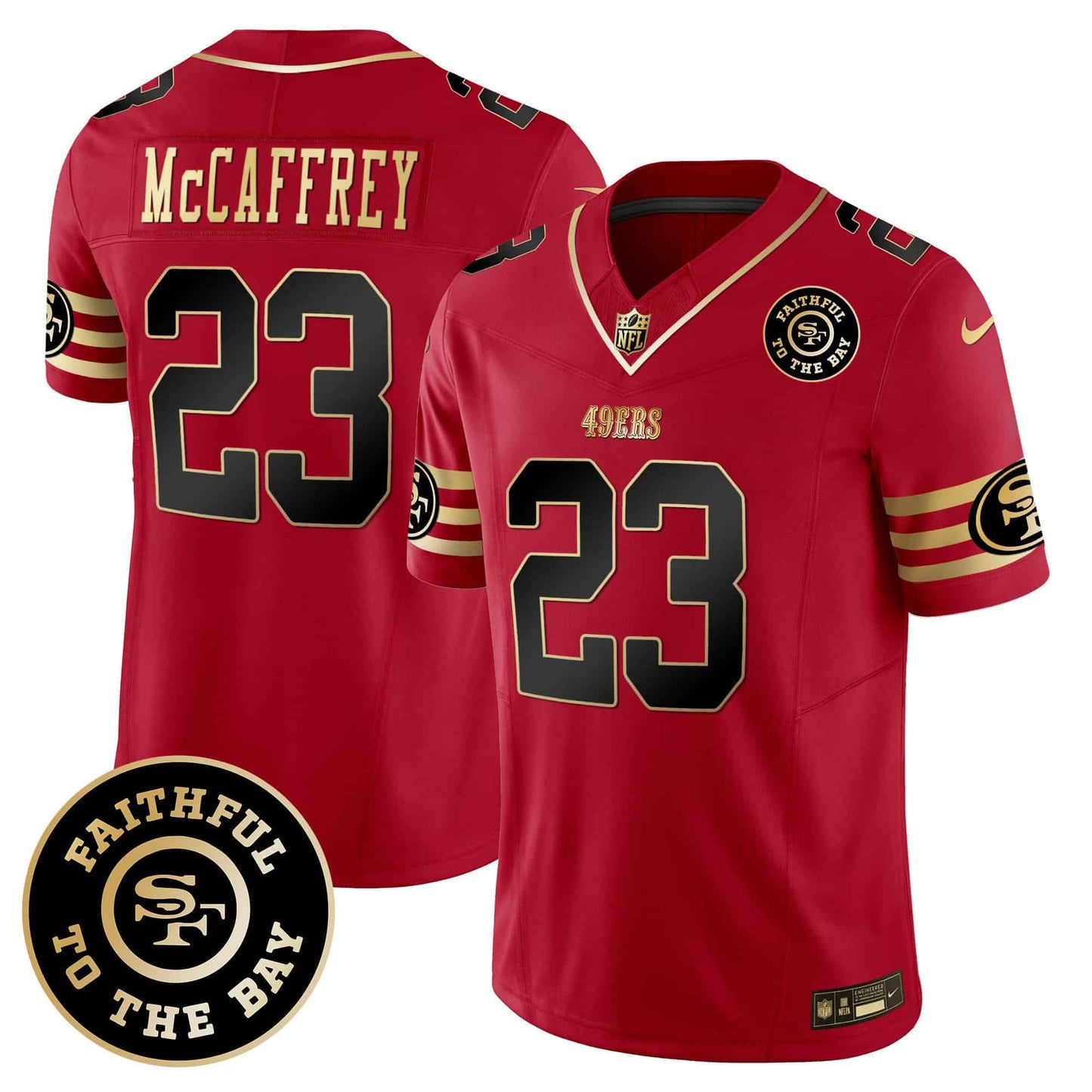 Christian McCaffrey San Francisco 49ers Faithful To The Bay Jersey - Scarlet football jersey product view 1