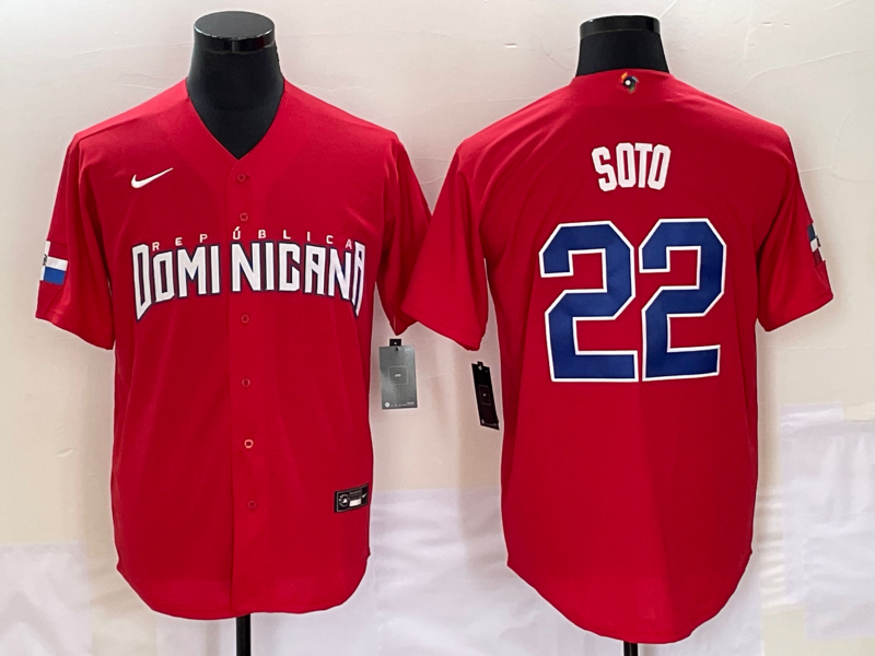 Men's 2023 World Baseball Classic #22 Juan Soto Dominican Republic Red Jersey1 baseball jersey product view 1