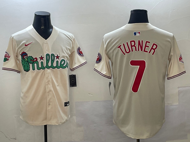 Men's Philadelphia Phillies Trea Turner #7 Cream Replica Player Jersey baseball jersey product view 1